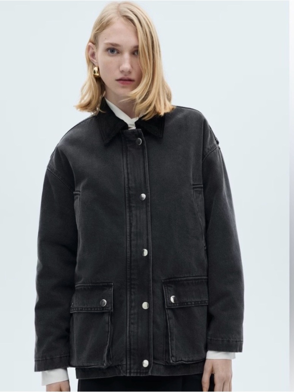 MANGO MNG Black Denim Quilted Chore Coat Washed Black Oversized Jacket